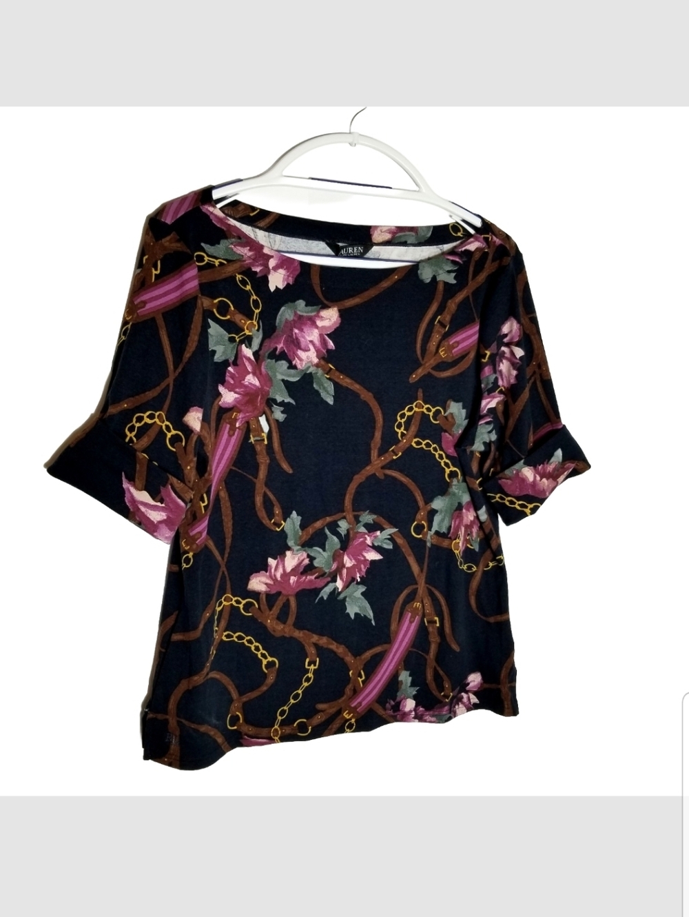 Lauren Ralph Lauren Top Women's XL Purple Black Green Cuffed Short Sleeve